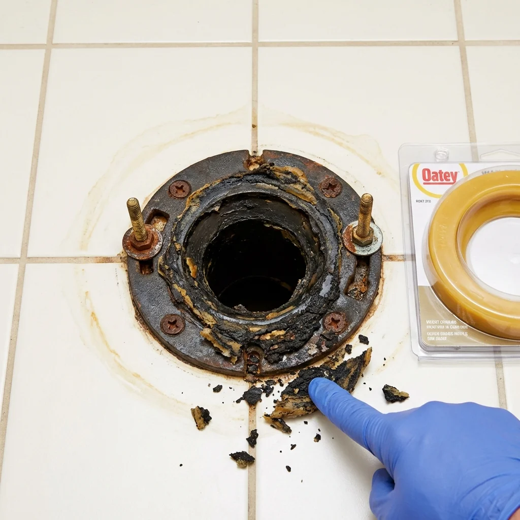 Failed wax ring showing water seepage at the base of a toilet in a Delhi, CA home