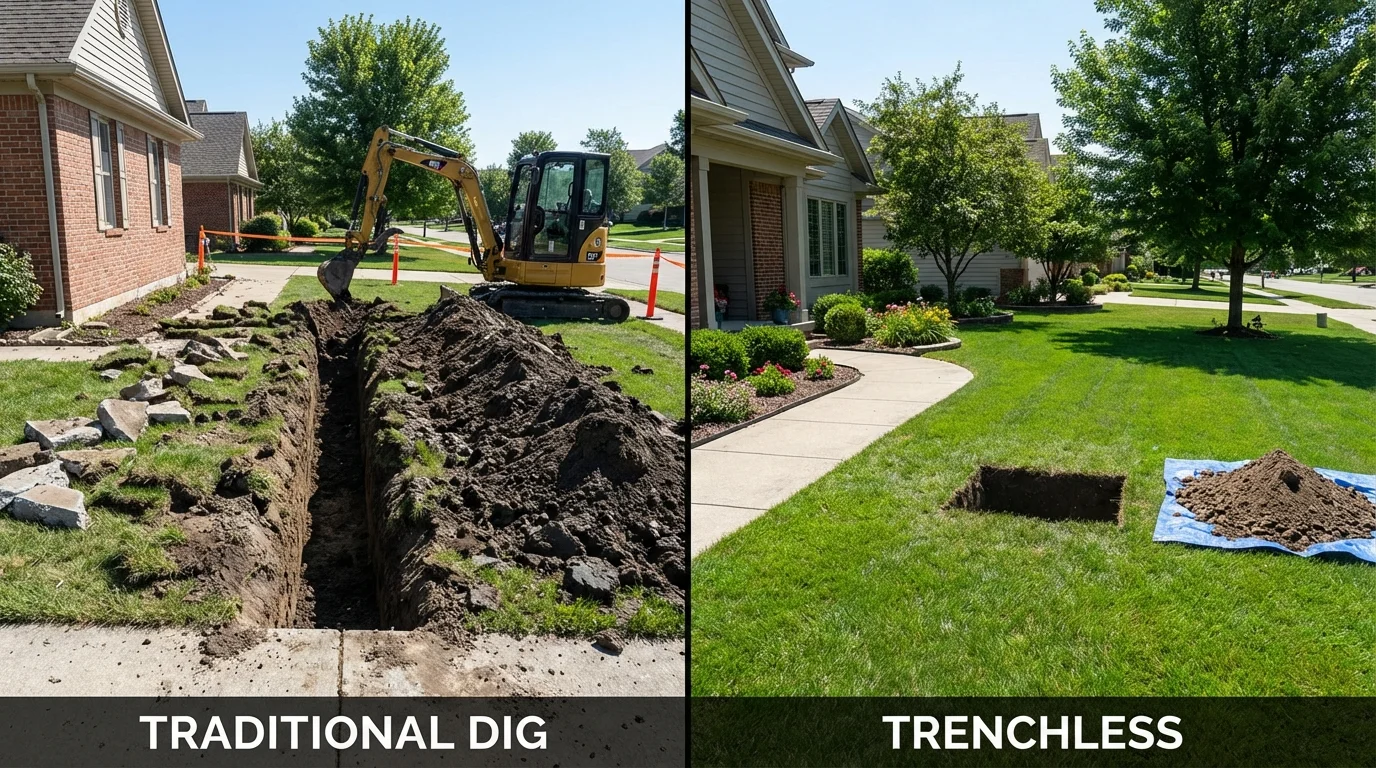 Trenchless sewer repair with minimal yard damage versus traditional excavation in Delhi, CA